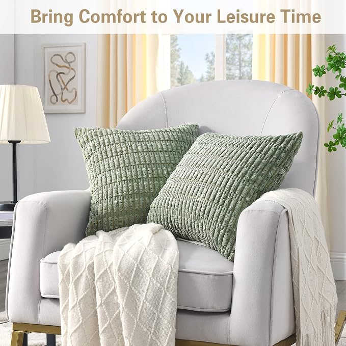 Volcanics Pack of 2 Sage Green Decorative Throw Pillow Covers 18x18 Inch, Soft Corduroy Striped Square Cushion Cases, Modern Farmhouse Boho Home Decor for Spring Couch Bed Sofa Living Room | Soft Corduroy Striped Square Cushion Cases, Modern Farmhouse ...