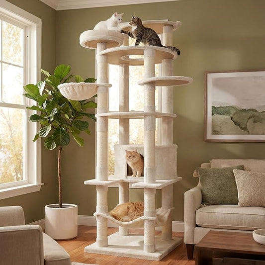 78.8" Large Cat Tree Tower for Indoor Kitties, Multi-Level Furniture Activity Center for Tall Cat Condo with Cozy Perches,Sisal Scratching Posts,Hammock and Basket