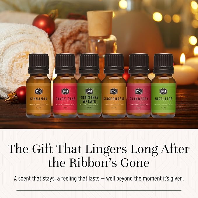 P&J Fragrance Oil Christmas Set | Christmas Wreath, Mistletoe, Candy Cane, Gingerbread, Cinnamon, and Cranberry Candle Scents, Freshie Scents, Candle/Soap Making Supplies