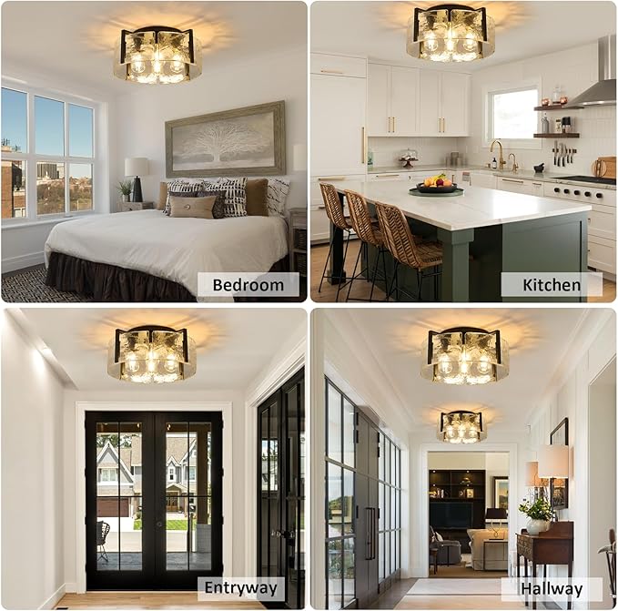 Black Semi Flush Mount Ceiling Light Fixture, 4-Light Modern Hallway Light Fixtures Ceiling Mount, Foyer Kitchen Lighting Fixtures Ceiling Lights for Bedroom, Bathroom, Laundry Room, Entryway, Hallway