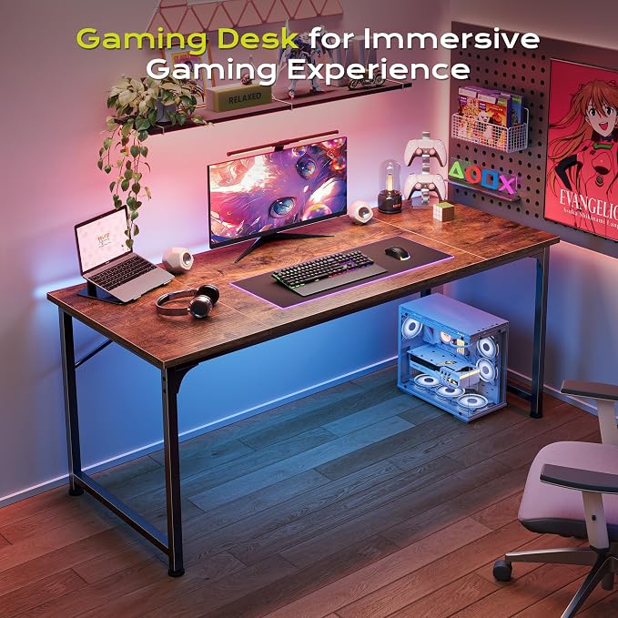 PRAISUN 55 Inch Computer Desk, Home Office Desk with Spacious Desktop, Rustic Brown