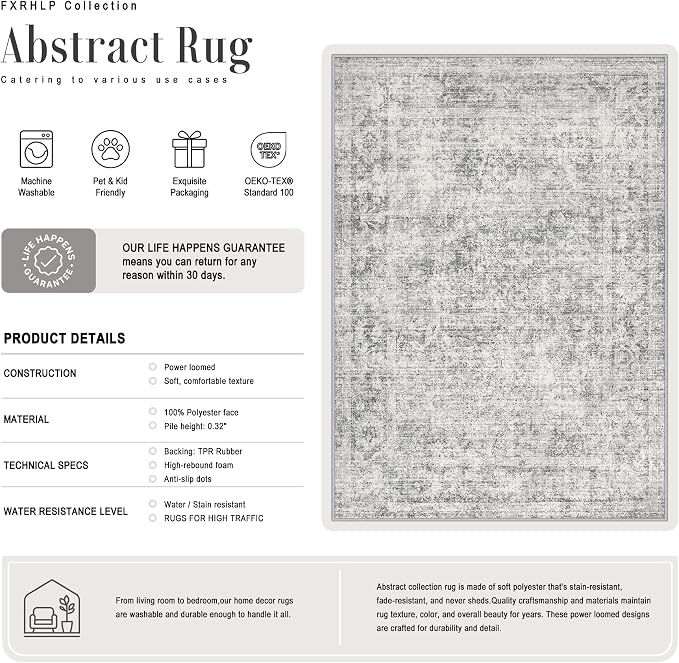 10x14 Area Rug Living Room Rug: Washable Modern Abstract Soft Thin Rug Indoor Floor No Slip Carpet for Bedroom Dining Room Farmhouse Nursery Home Office - Retro Black Grey