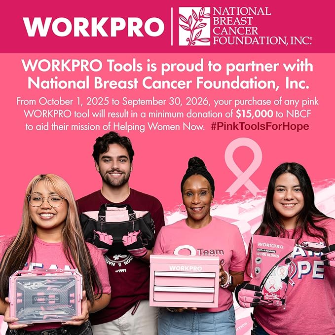 WORKPRO Pink Tool Kit, 263-Piece Home Repairing Tool Set with Wide Mouth Open Storage Bag, Household Tool Kit - Pink Ribbon