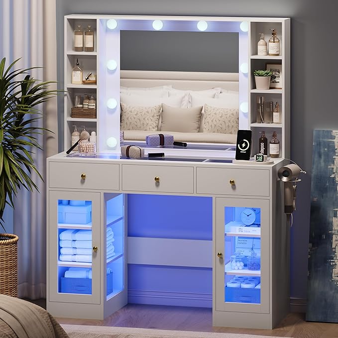 Makeup Vanity Desk with Mirror and Lights, Glass Top Vanity Table Set with Drawers & Power Outlet, Large Dressing Table with 3 Color Lighting Modes & RGB Cabinets for Women Girls Kids Bedroom, White