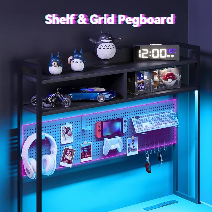 Apicizon L Shaped Gaming Desk 53" with Hutch, LED Light and Drawer | Carbon Fiber Surface, Storage Shelves, Pegboard with Hooks, PC Tower Stand, USB Charging Port, Home Office, Bedroom