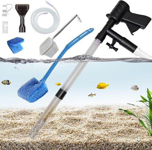 Carefree Fish Aquarium Gravel Cleaner 15~30In with 6Ft Water Hose Fish Tank Water Changer Sand Vacuum with Skimmer Net and Long Handle Sponge Brush Algae Scraper