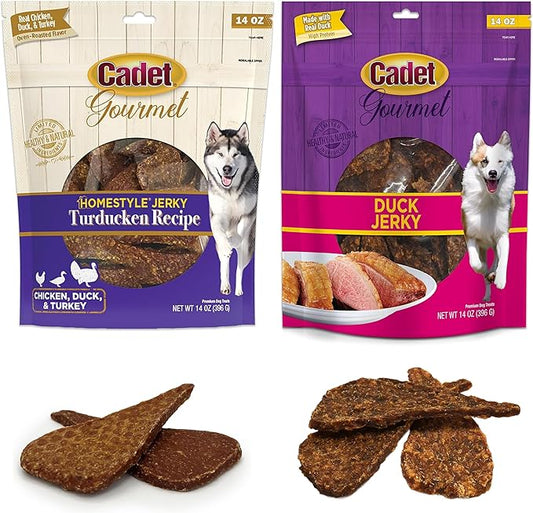 Cadet 2 Pack Gourmet Duck Dog Treats Variety Pack – Turducken Jerky & Duck Jerky – 2 x 14 oz – Healthy, High-Protein Snacks for Dogs