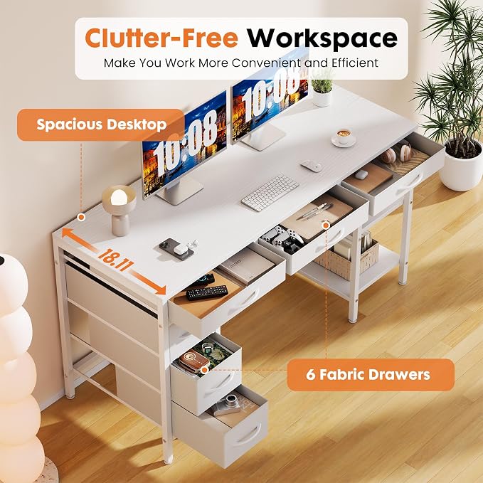 Sweetcrispy 55" Computer Desk with 6 Fabric Drawers & Storage Shelves | Reversible Gaming Desk, Office Desk, Computer Workstation, Corner Desk with Storag, Home Office, Living Room, White