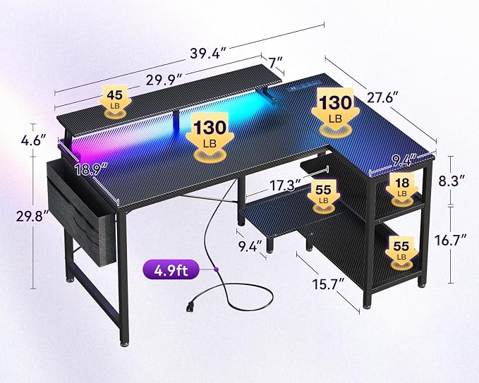 ODK 40 Inch L Shaped Gaming Desk with LED Lights, Power Outlets, Black | Adjustable Monitor Stand, Open Storage Shelves, Hanging Side Bag, PC Tower Stand, Reversible Layout for Gaming