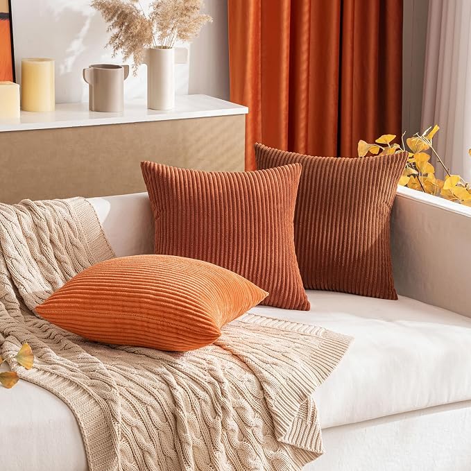 MIULEE Fall Soft Corduroy Throw Pillow Covers Set of 2 18x18 Dark Rust | Decorative Striped Textured Cushion Cases, Boho Rustic Square Pillowcases, Home Decor for Couch Chair Sofa Bed Living Room