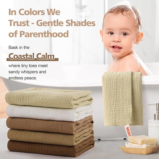 MUKIN Baby Washcloths,Muslin Burp Cloths Towels for Newborns,Absorbent Cotton Bath Face Towel ，5 Pack, 12x12 Inches (Amber Glow)