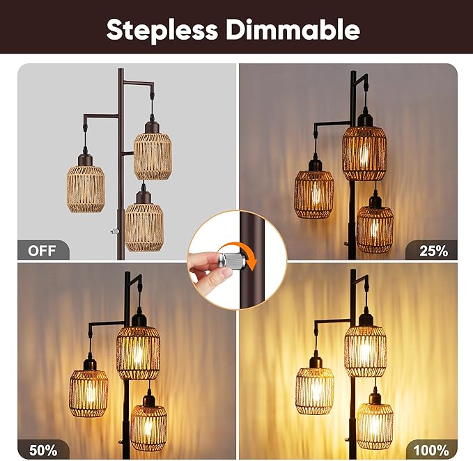 ROTTOGOON Dimmable Boho Floor Lamp - 3 Light Farmhouse Rattan Floor Lamp for Living Room, Industrial Tree Floor Lamps with 3 X 6W LED Bulbs, Rustic Standing Tall Lamp for Bedroom, Office, 68", ORB