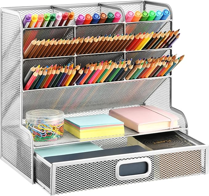 Marbrasse Larger Mesh Desk Organizer with Drawer, Multi-Functional Pen Pencil Holder, Desk Organizers and Accessories for Office Art Supplies (Silver Mesh Pen Holder with Drawer)