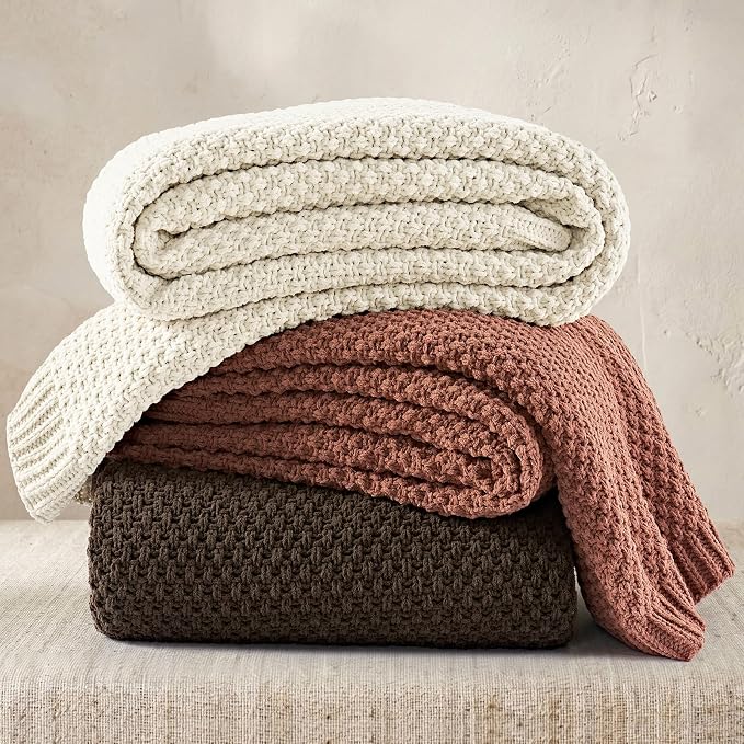 EVERGRACEHOME Chunky Chenille Knit Throw Blanket, 90 x 90, Cocoa Brown | Sculpted Moss Stitch, Chic Modern Farmhouse, All-Season Warmth, OEKO-TEX® Certified, Oversized Queen for Couch, Bed, Sofa