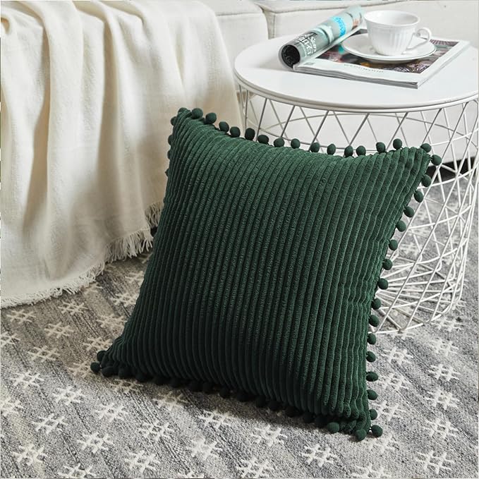 Fancy Homi Set of 2 Dark Green Boho Decorative Throw Pillow Covers 18x18 Inch with Pom-poms for Living Room Couch Bed Sofa Bedroom Indoors, Modern Farmhouse Boho Vintage Army Green Home Decor