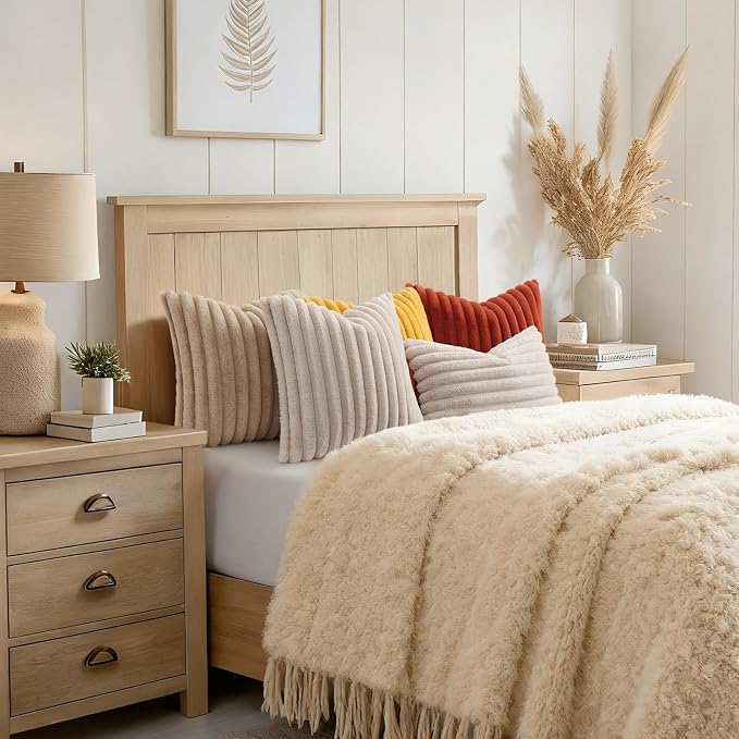 decorUhome Fall Faux Fur Throw Pillow Covers 12x20 Set of 2 Beige | Decorative Soft Cozy Striped Plush Modern Farmhouse Boho Couch Pillow Cases Velvet Back for Sofa Bed Living Room Home Decor