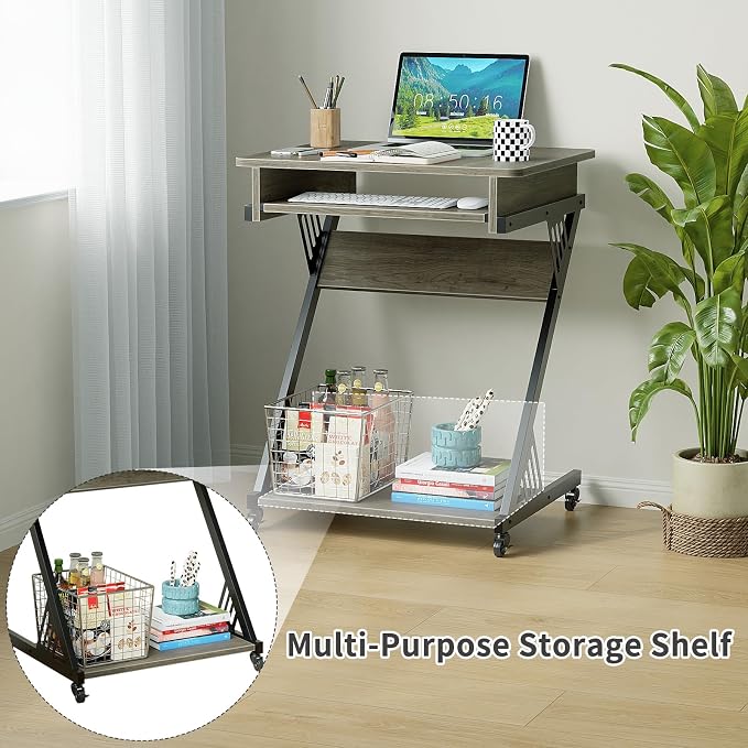 ALISENED Computer Desk for Small Spaces Compact Desk with Keyboard Tray | 23.6" Z-Shaped, with Wheels and Bottom Shelves, for Home Office, Computer Cart Mobile Laptop Cart, Grey