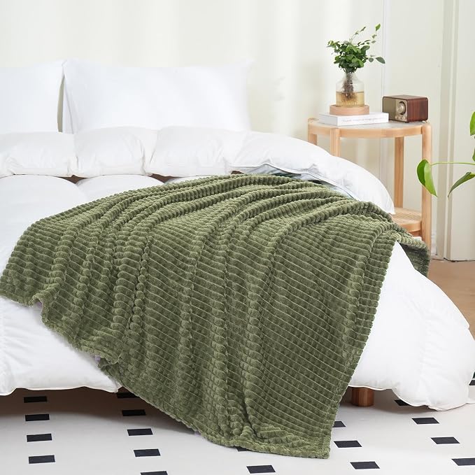 Puncuntex Fleece Throw Blanket Olive Green 108"×90" with Square Grid Design | Super Soft Plush Cozy Flannel Throw Blanket Luxury for Couch Sofa Chair