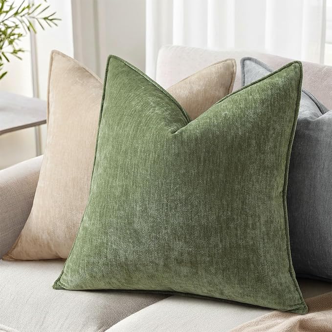 decorUhome Chenille Olive Green Velvet Throw Pillow Covers 18x18 Set of 2 | Fall Soft Couch Decorative Modern Farmhouse Pillow Cases with Elegant Design for Sofa Bed Living Room Home Decor