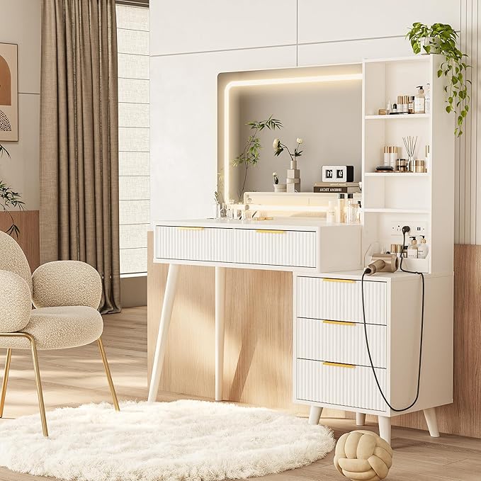 Makeup Vanity Desk with Mirror and Lights, Makeup Vanity with 5 Drawers&Storage Shelves, Vanity Table with Power Outlet, 3 Color Adjustable Lighting Dressing Table Set for Bedroom Ivory