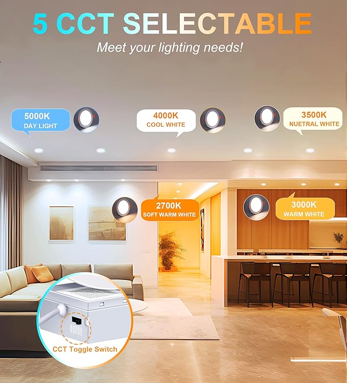 CLOUDY BAY 12 Pack 6 Inch 5CCT Ultra-Thin LED Recessed Ceiling Light with Junction Box,2700K/3000K/3500K/4000K/5000K Selectable,15W Dimmable, Canless Wafer Downlight, White,1000LM High Brightness