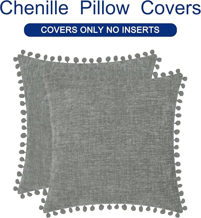 CaliTime Decorative Couch Throw Pillow Covers 20 X 20 Inches Medium Grey | Pack of 2, Cozy Chenille Cushion Cases, with Pom Poms for Sofa Bed Living Room Farmhouse Home
