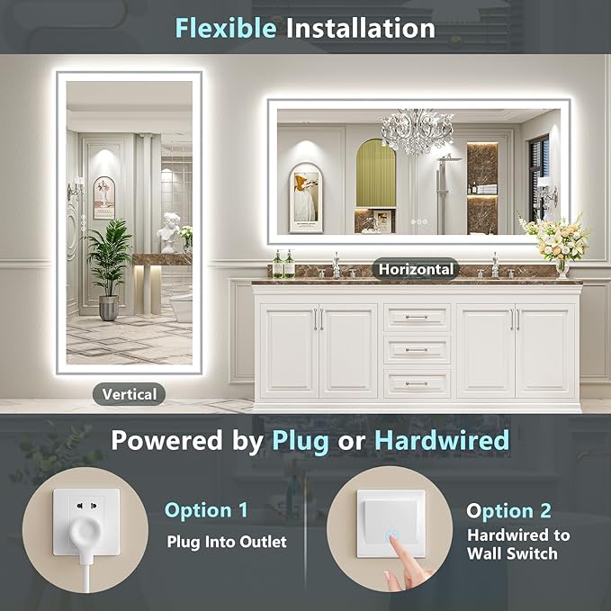 88x38 Brushed Nickel LED Bathroom Mirror with Lights, Sliver Framed Backlit and Front Lit Anti-Fog Lighted Vanity Mirrors for Bathroom Wall, Dimmable, 3 Colors, Memory, Tempered Glass, CRI＞90