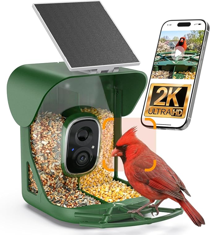 Smart Bird Feeder with Camera, AI Identify Birds Species, 2K HD Color Night Vision, IP65 Waterproof Solar Powered Bird Feeder with 142�� Wide Angle, Auto Capture & Real-Time Notifications, Ideal Gift