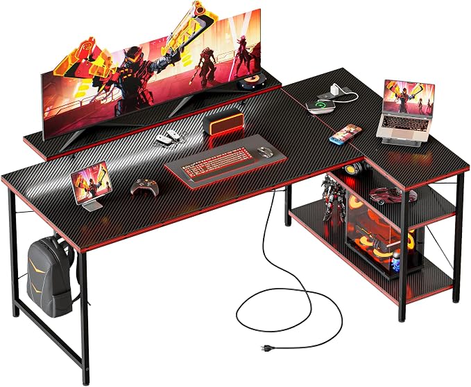 Mericonia 48 in Corner Desk with Monitor Stand, Small L Shaped Gaming Desk | Reversible Computer Desk with Power Outlets, LED Light & Storage Shelves, Office Table for Home Bedroom Study Work Writing