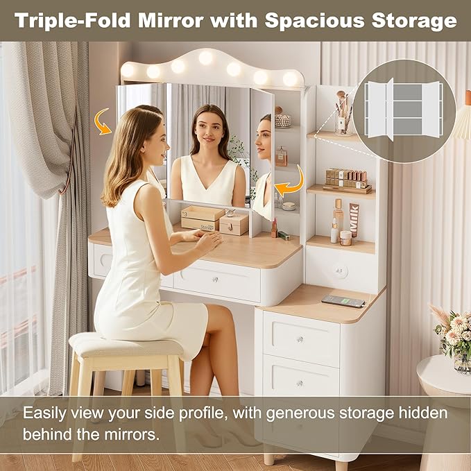 GOWE Vanity Desk with Mirror and Lights,Makeup Vanity with 2 USB Power Strip,Vanity Set with Two Drawers and Three-Drawer Chest, 3 Lighting Modes Adjustable Brightness, Foldable Three-Sided Mirror(W