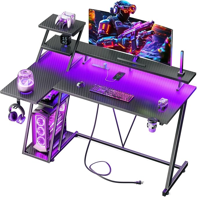 Korfile 40 Inch Gaming Desk with LED Lights & Power Outlet, L Shaped Computer Gaming Table with Storage Shelves, Reversible Corner Desk with Monitor Stand for Home Office, Carbon Fiber Black | L Shaped Computer Gaming Table, Reversible Corner Desk, Sto...