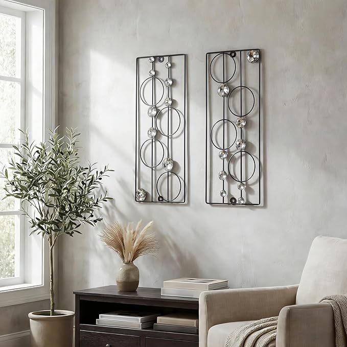 ZEXUIRU 2 Pcs Abstract Metal Art for Wall Decor Living Room Bedroom Bathroom Office Metal Bling Modern Geometric Hanging Vertical Small Iron Sculpture Plaque Pack -Black 15.7in