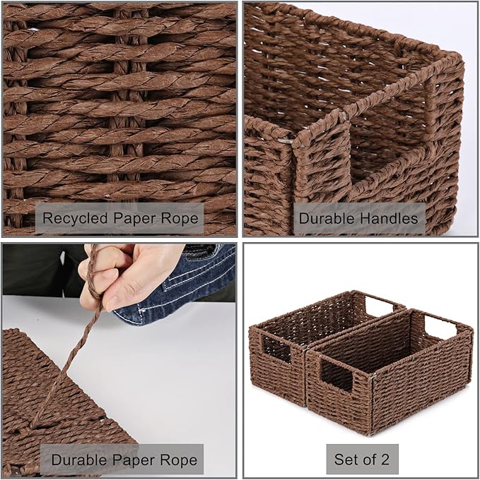 Vagusicc Wicker Storage Basket, Set of 2 Hand-Woven Paper Rope Wicker Basket, Small Storage Baskets for Organizing Toilet Paper Basket, Foldable Large Cube Storage Organizer Bins for Shelves (Brown)