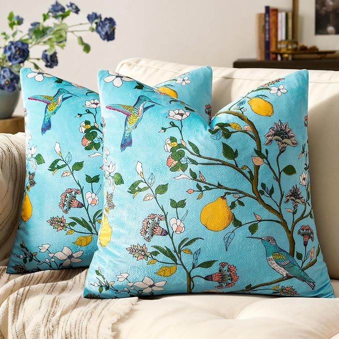 MUSSEL Sky Blue Velvet Floral Decorative 16x16 Pillow Covers Set of 2 | Soft Durable and Sturdy,Bird Plant,Throw Pillows Case,Square,Colorful Modern Cushion Covers,Home Sofa Bed Couch Decor