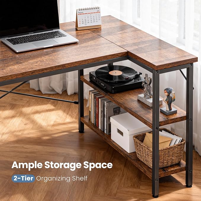DUMOS L Shaped Desk, 47 Inch Computer Gaming Corner Desks with Shelves | Home Office PC Table, Writing Working Study Desk for Bedroom Dorm, Reversible Design, Rustic Brown