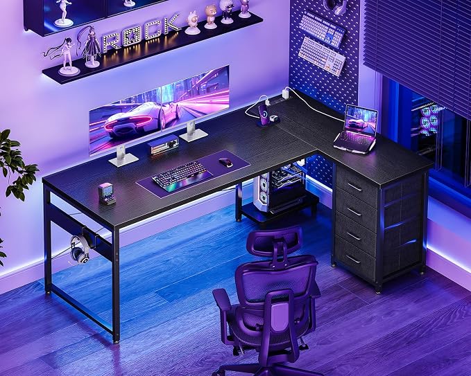 AODK 61" L Shaped Gaming Desk with 4 Drawers and Power Outlets, Black | USB Ports, PC Tower Stand, Hooks, Reversible Corner Layout for Gaming Rooms, Bedrooms and Home Office