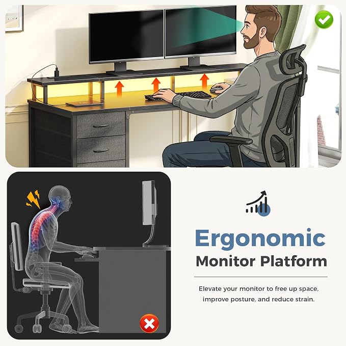DUMOS 40-Inch Gaming Desk with Power Outlets and LED Lights, Black | Computer Desk with 4 Storage Drawers, Home Office Desk with Monitor Stand, Small Desk for Bedroom Study