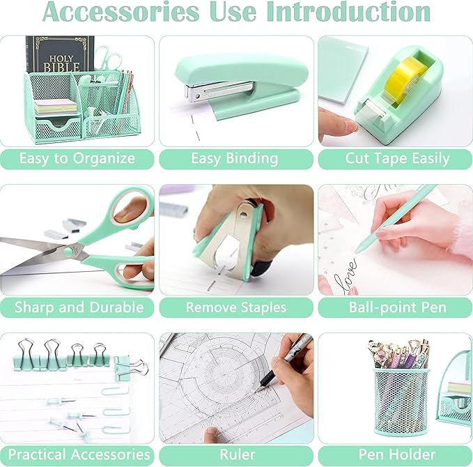 Green Office Desk Accessories Supplies, 12pcs Desk Organizers and Accessories with Tape dispenser and Stapler,Staples,Staple Remover,Pen Holder,Scissor,Ruler,Sticky Tabs,Tape,Ballpoint Pen,Clips Set