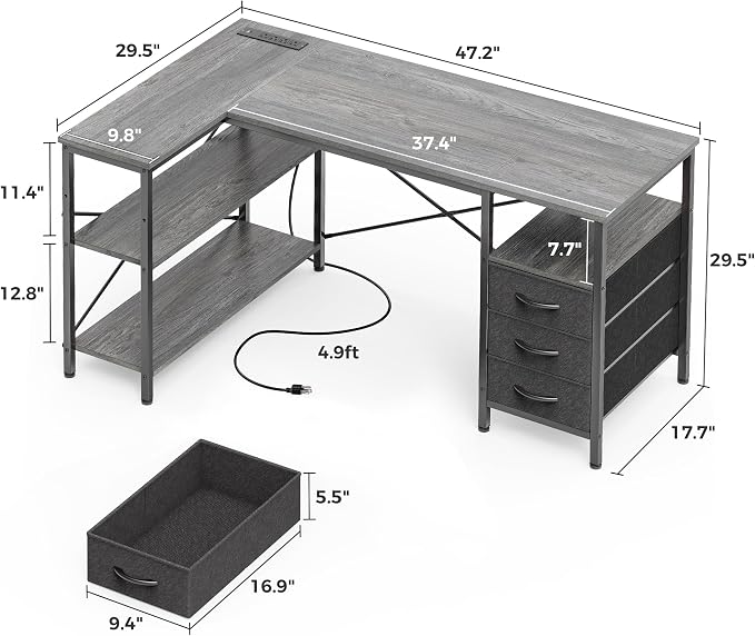 Huuger L Shaped Office Desk with Power Outlets, 47 Inch Computer Desk with 3 Drawers, Shelves, for Gaming, Corner Work, Home Office, Study, Grey