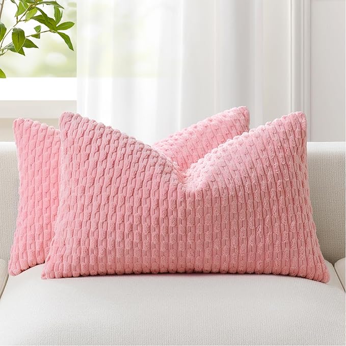Kevin Textile Soft Corduroy 14"x20" Lumbar Pillow Cover 1 Pack, Pink | Boho Stripe Plush Corduroy Decorative Oblong Cushion Cover Modern Farmhouse Home Decor for Sofa Couch Bed Chair