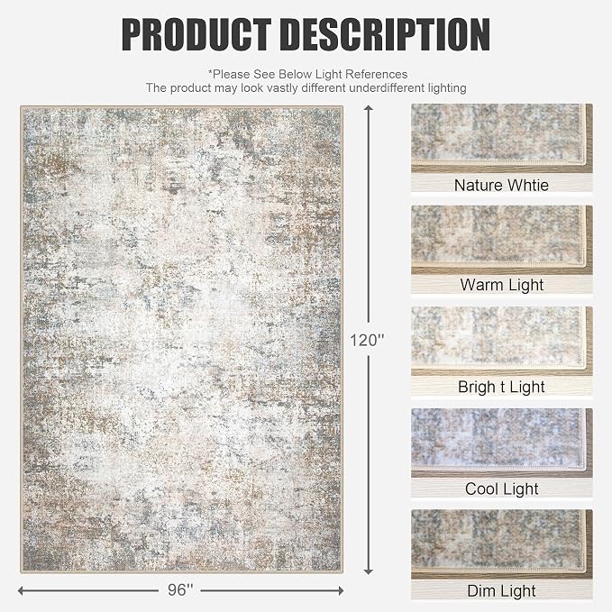 8x10 Area Rug Living Room Rug: Washable Modern Abstract Soft Thin Rug Indoor Floor No Slip Stain Resistant Carpet for Bedroom Dining Room Farmhouse Nursery Home Office - Brown Grey