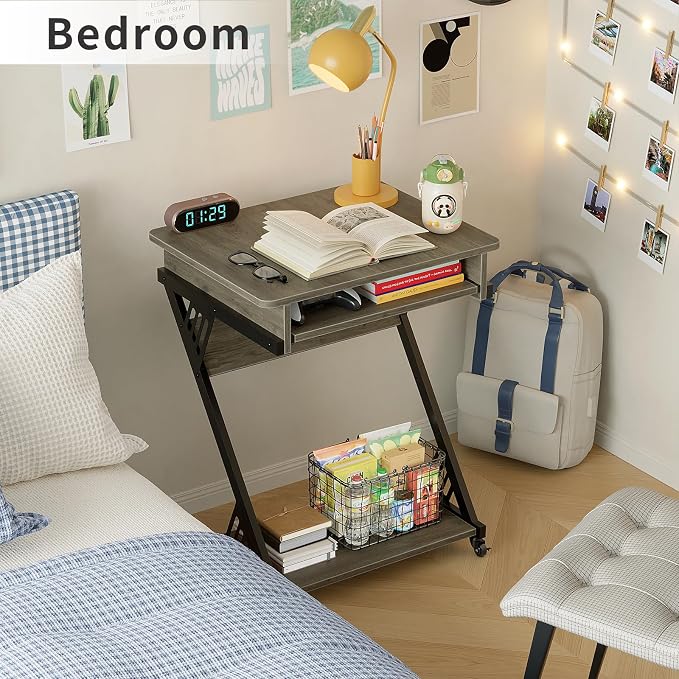 ALISENED Computer Desk for Small Spaces Compact Desk with Keyboard Tray | 23.6" Z-Shaped, with Wheels and Bottom Shelves, for Home Office, Computer Cart Mobile Laptop Cart, Grey