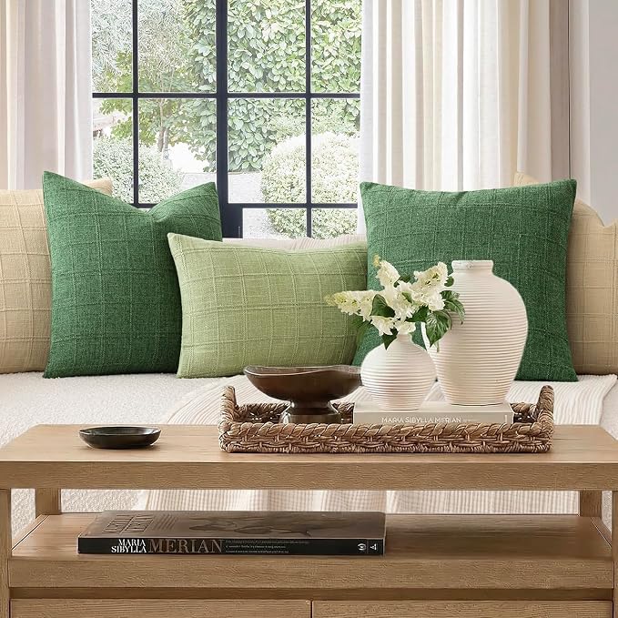 Foindtower Set of 2 Decorative Linen Check Throw Pillow Covers Neutral Farmhouse Vintage Cushion Covers Modern Boho Accent Home Decor for Sofa Chair Couch Bedroom Living Room,26×26 Inch,Forest Green