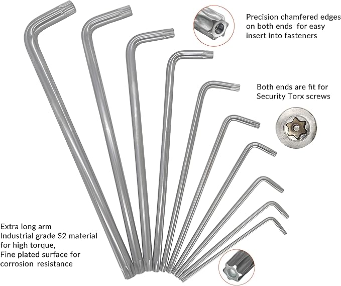 NordWolf 10-Piece Torx Wrench Set, S2 Steel Long Arm Security Star Keys, Sizes T10 to T55