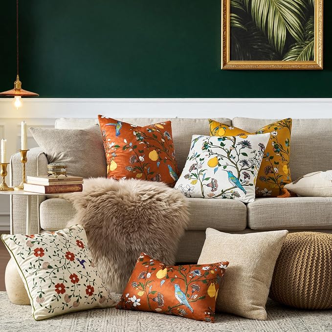MUSSEL Burnt Orange Velvet Floral Decorative 16x16 Pillow Covers Set of 2 | Soft Durable and Sturdy,Bird Plant,Throw Pillows Case,Square,Colorful Boho Modern Cushion Covers,Home Sofa Couch Decor