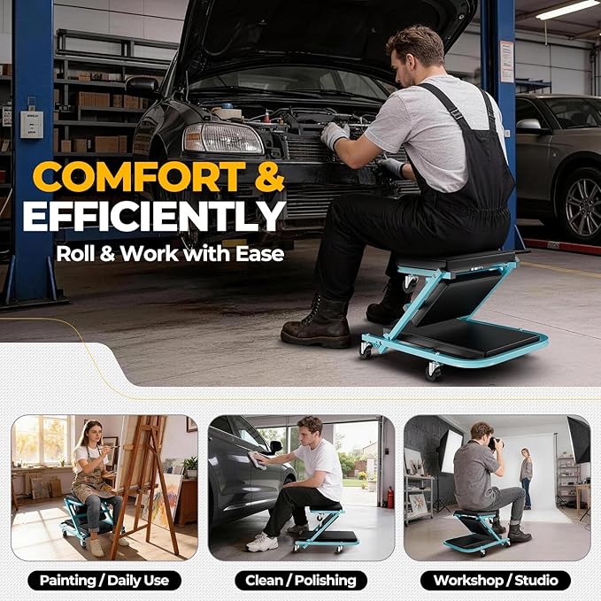 Auto Dynasty 40" Z-Creeper Seat, 2-in-1 Foldable Garage Creeper Shop Seat, 330 LBS Capacity Automotive Mechanic Repair Under Car Rolling Creeper Seat, Sky Blue