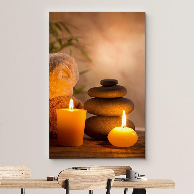 wall26 Canvas Print Wall Art Massage Stones with Atmospheric Candles Floral Nature Photography Realism Zen Scenic Relax/Calm Multicolor for Living Room, Bedroom, Bathroom, Office - 32"x48"