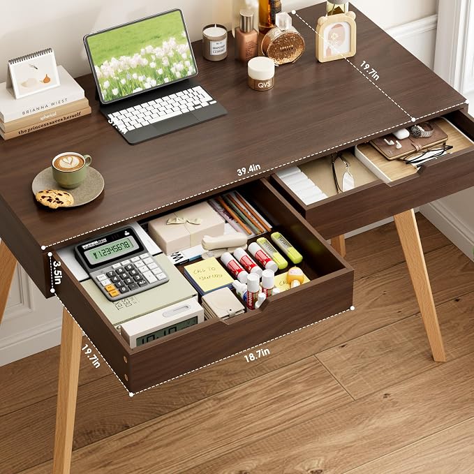 FOTOSOK White Computer Writing Desk with 2 Drawers, Small Desk Makeup Vanity Table Wood Desk with 4 Oak Legs, Modern Home Office Desk Console Study Table, Walnut
