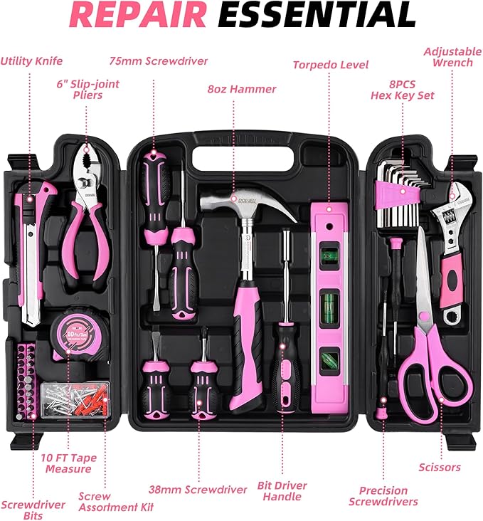 DOWELL 123-Piece Pink Home Repair Tool Kit for Women & Girls - All-in-One DIY Toolkit with Ergonomic Handles, Durable Toolbox, Non-Slip Grips | Perfect Gift for Wives, Moms, Crafters