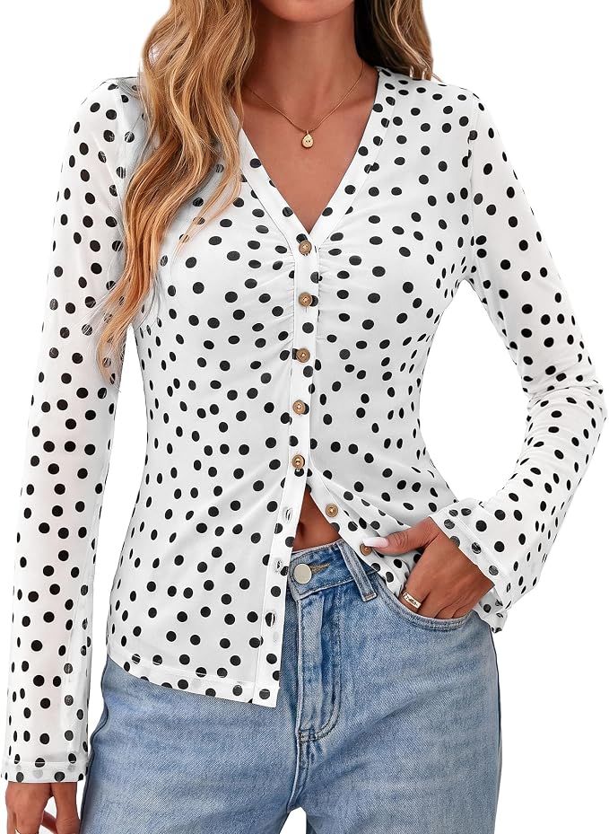 BTFBM Button Down Shirts for Women 2026 Fall Boho Tops V Neck Long Sleeve Blouses Ruched Mesh Fitted Fashion Clothing